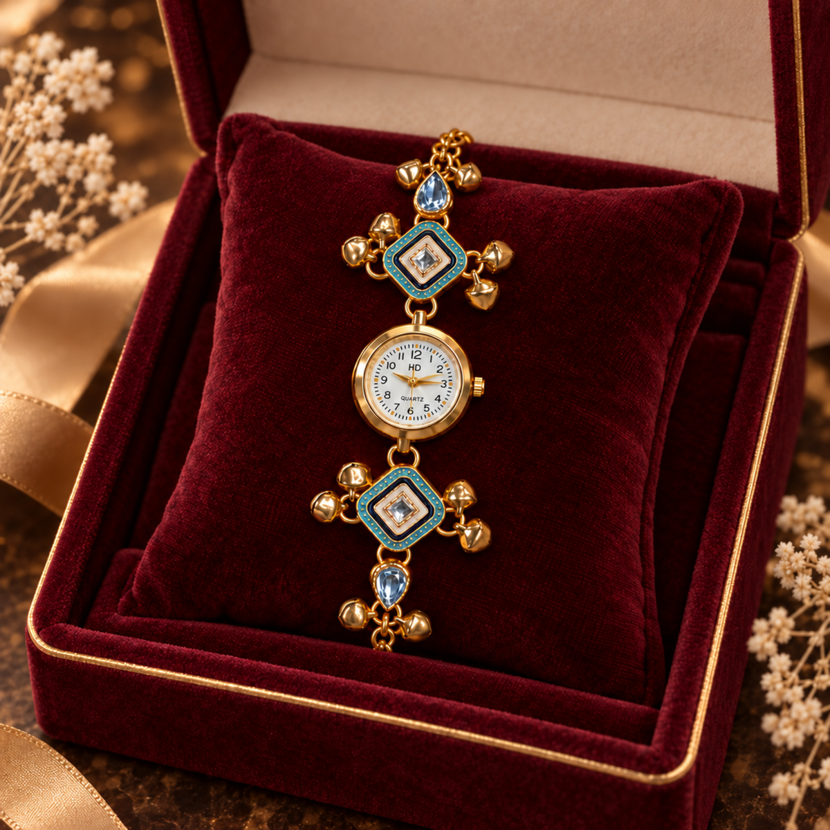 A gold-toned wristwatch with turquoise and blue gemstone accents and a round white dial, displayed on a plush burgundy velvet jewelry cushion inside an open presentation box.