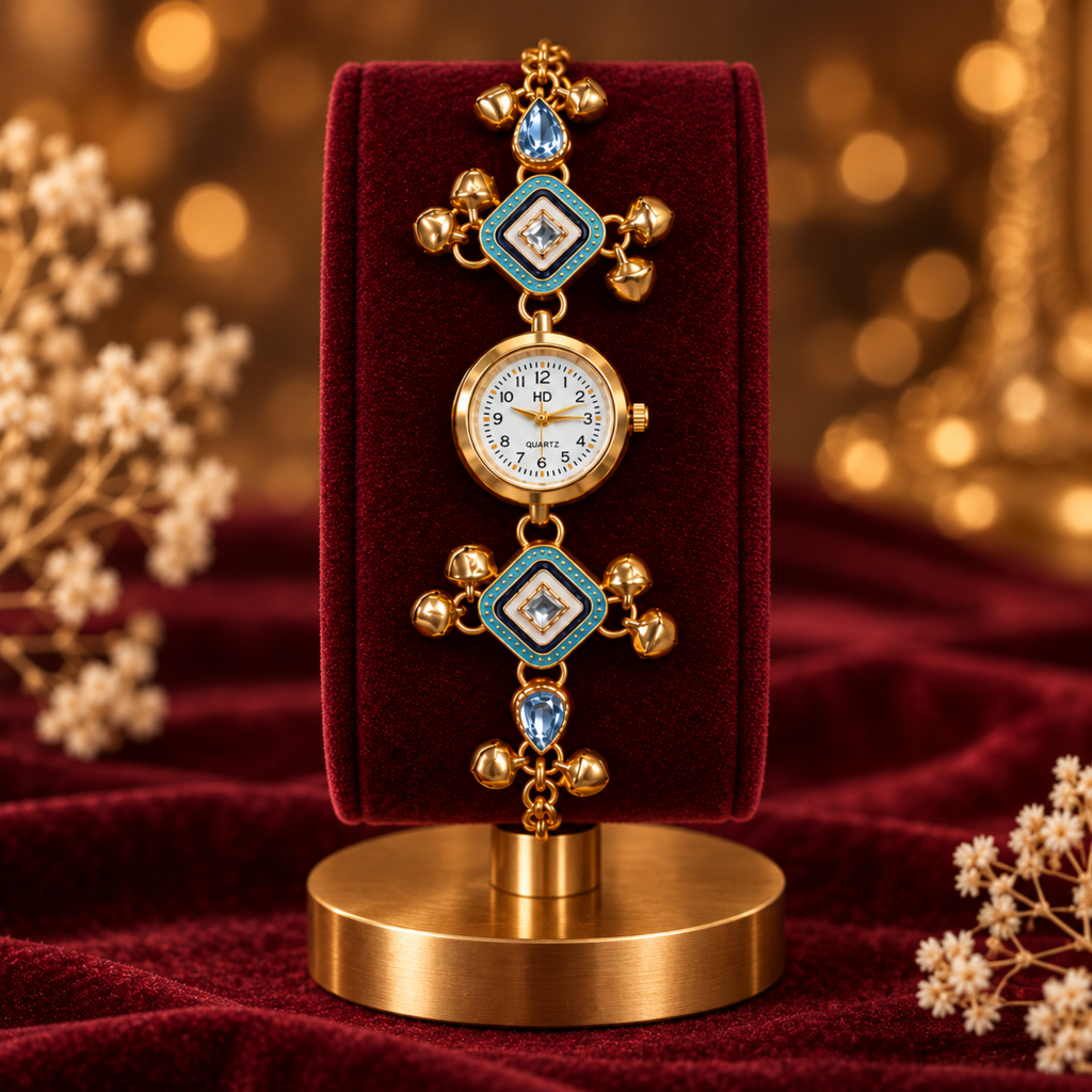 An ornate gold-toned wristwatch with turquoise and white enamel diamond-shaped motifs, blue stones, and small gold bells, displayed upright on a gold stand against a dark red velvet backdrop with warm golden bokeh and dried white flowers.