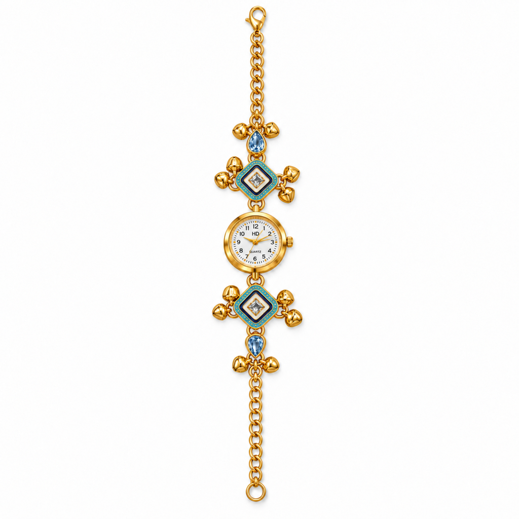 A gold-tone watch with a circular dial and decorative links, featuring turquoise and light blue gemstone accents and white enamel details, shown on a plain white background.