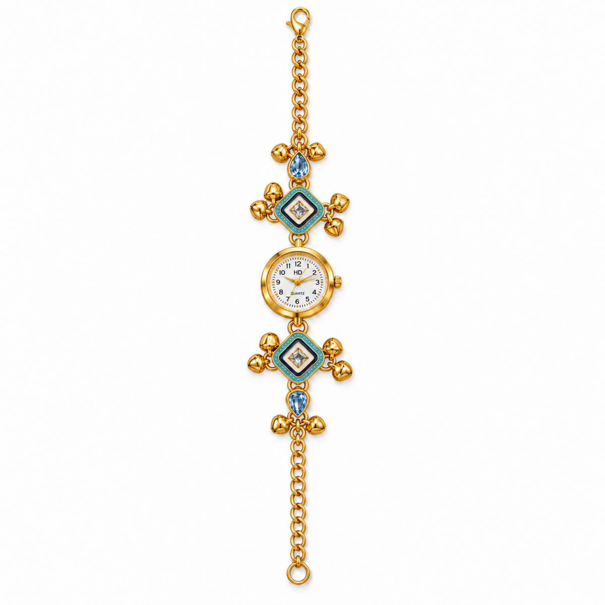 A gold-tone watch with a circular dial and decorative links, featuring turquoise and light blue gemstone accents and white enamel details, shown on a plain white background.