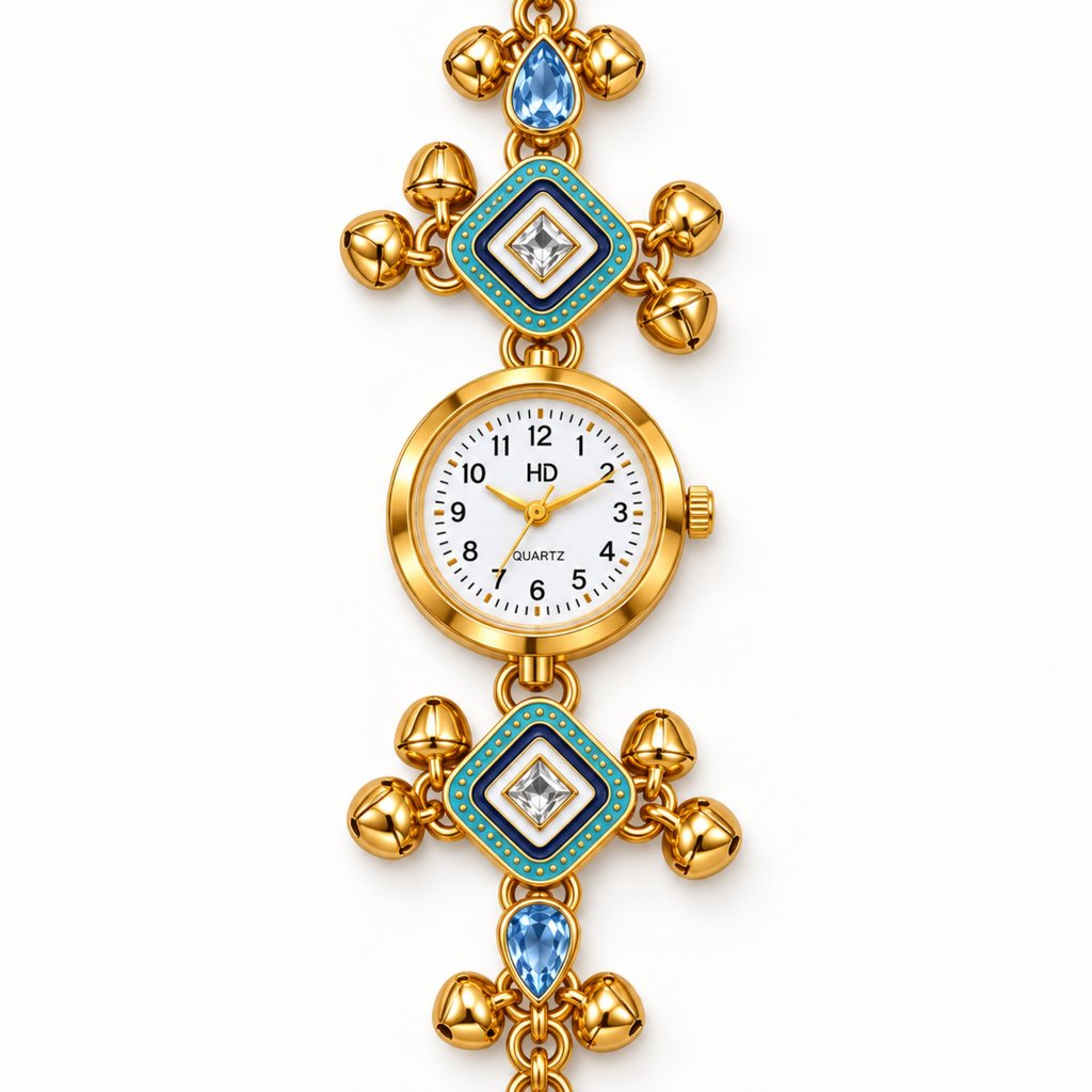 Gold-tone bracelet watch with a round white dial, decorated with blue teardrop gemstones, turquoise enamel diamond motifs, and small gold bells on a white background.