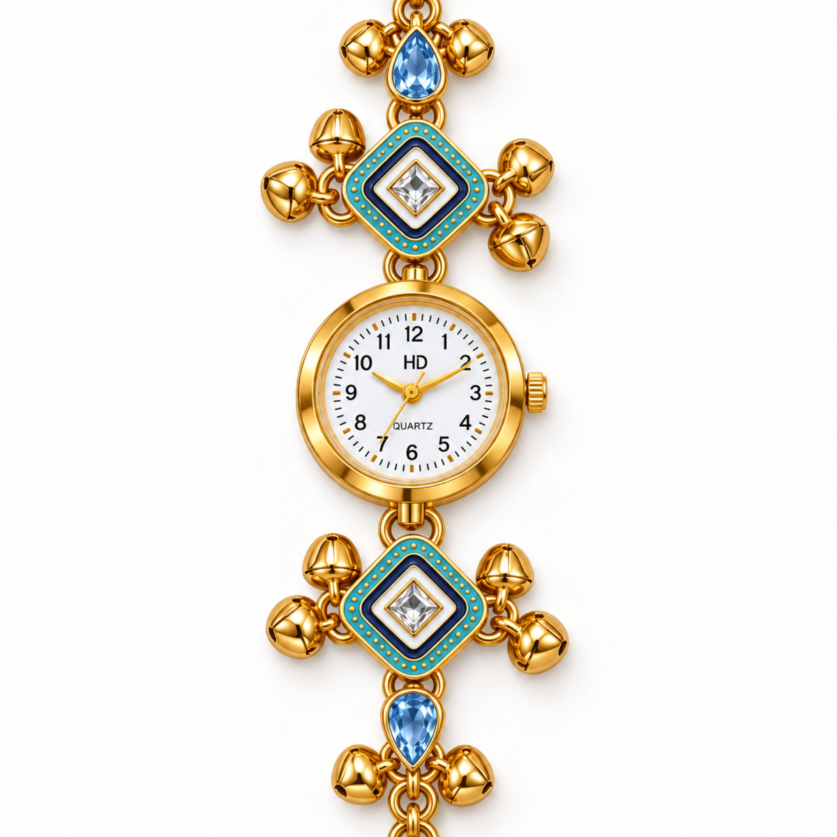 Gold-tone bracelet watch with a round white dial, decorated with blue teardrop gemstones, turquoise enamel diamond motifs, and small gold bells on a white background.