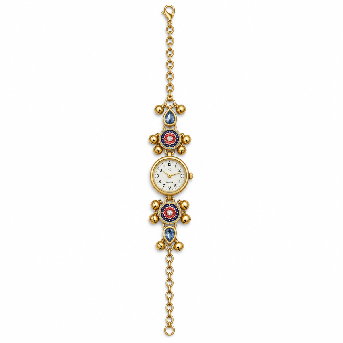 A vintage gold-tone bracelet watch with a central round dial, decorative floral motifs, and blue teardrop-shaped accents on a plain white background.