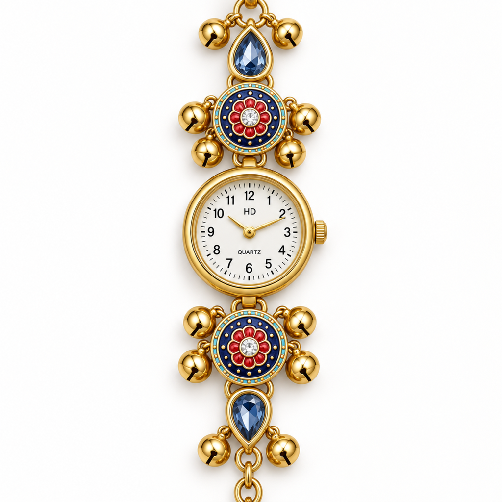 Gold-tone women's watch with a decorative link bracelet featuring blue teardrop stones, small gold bells, and red-and-blue floral enamel medallions on a white dial.