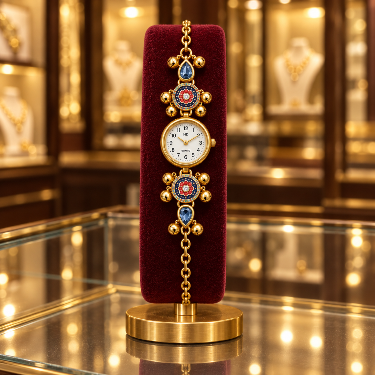 A decorative gold-toned wristwatch with blue and red enamel details, displayed upright on a red velvet stand inside a luxury jewelry store.
