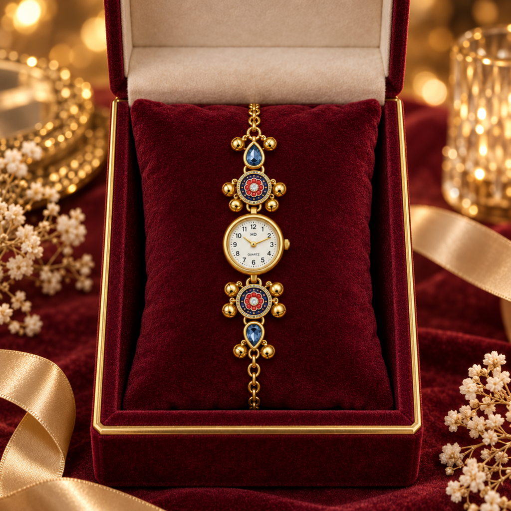 A gold-tone ornate watch with blue and red enamel details displayed inside an open burgundy velvet jewelry box with gold trim, surrounded by warm bokeh lights and small white flowers.