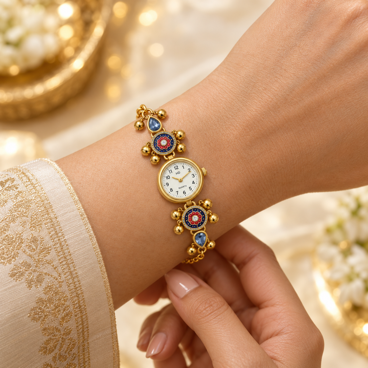 A gold-plated women's watch with colorful enamel details and a white dial, shown worn on a woman's wrist with a matching gold sleeve.