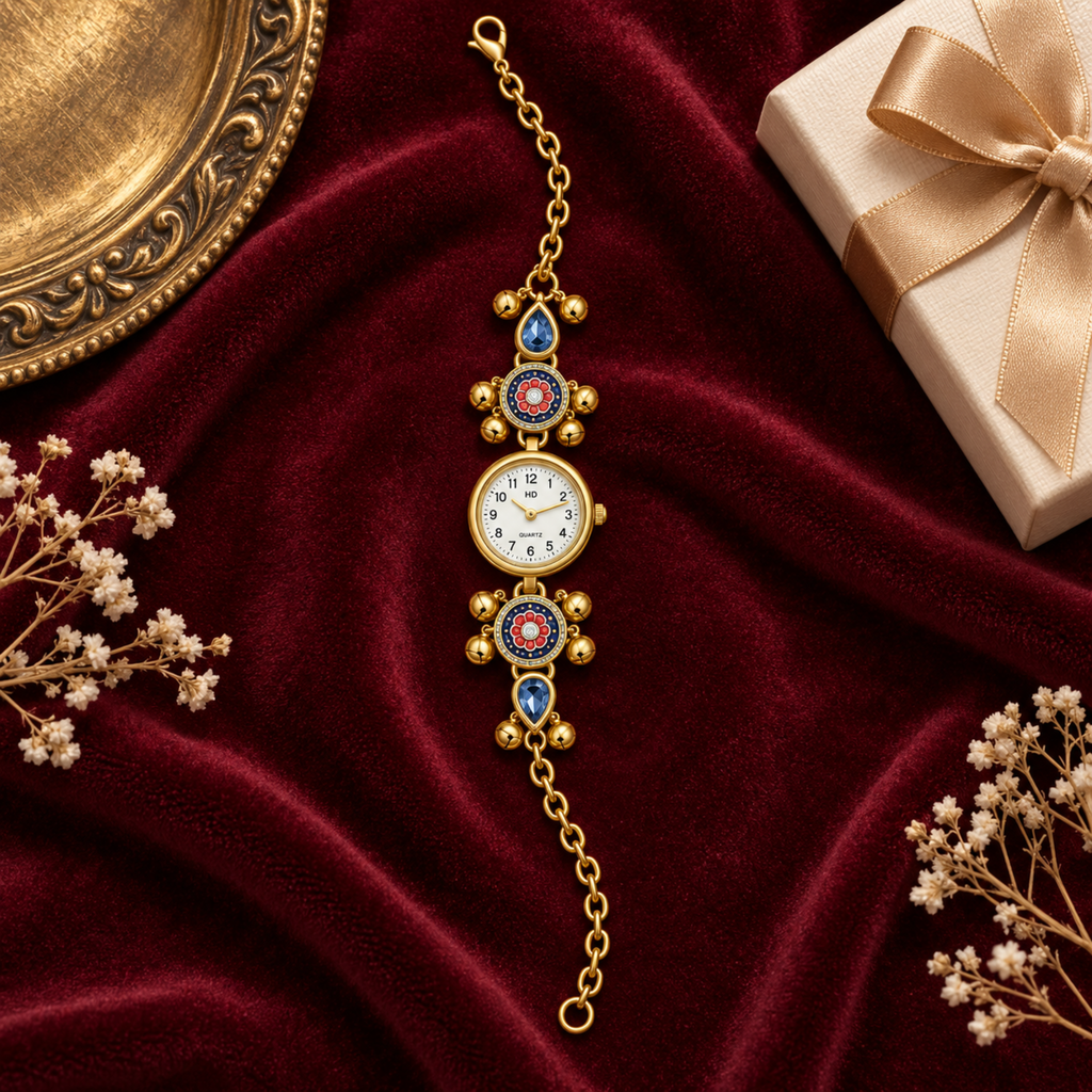 A gold-toned watch bracelet with a round white dial and blue and red enamel details, styled on a deep burgundy velvet surface with decorative dried flowers, a gold tray edge, and a cream gift box with a satin bow.