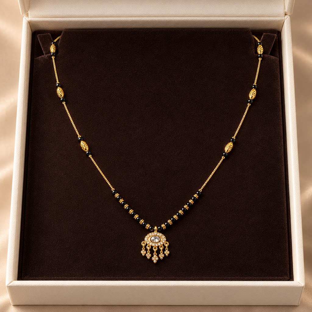 Gold-toned necklace with a decorative pendant, displayed inside an open white jewelry box with a dark brown velvet insert.