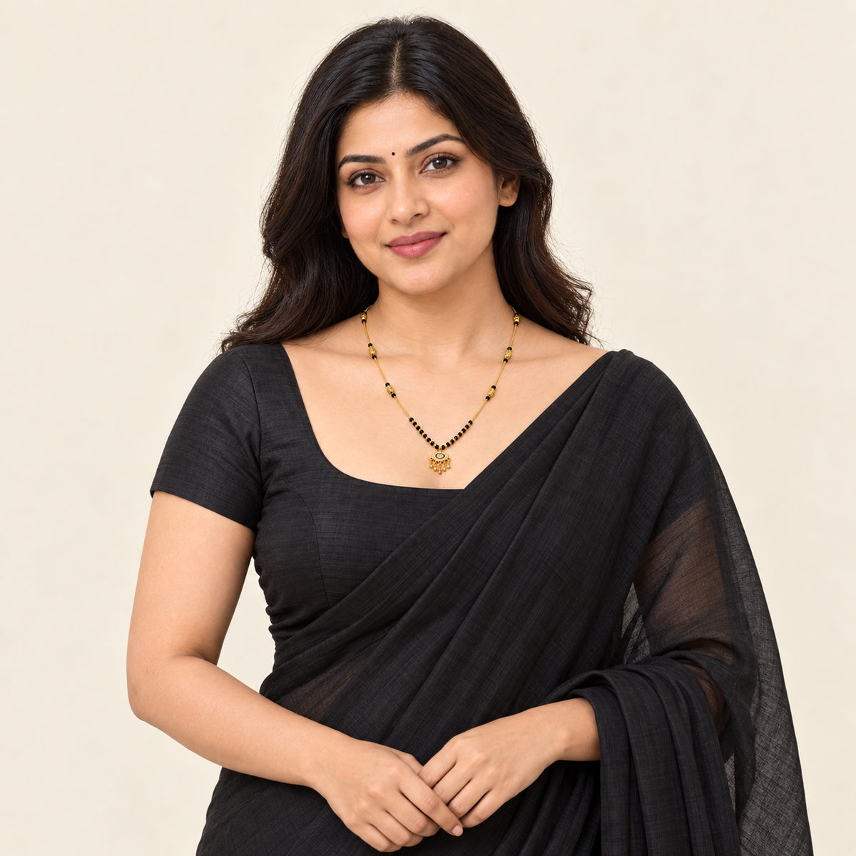 A woman wearing a black saree with a matching black blouse and a gold beaded necklace, posed against a solid light beige background.