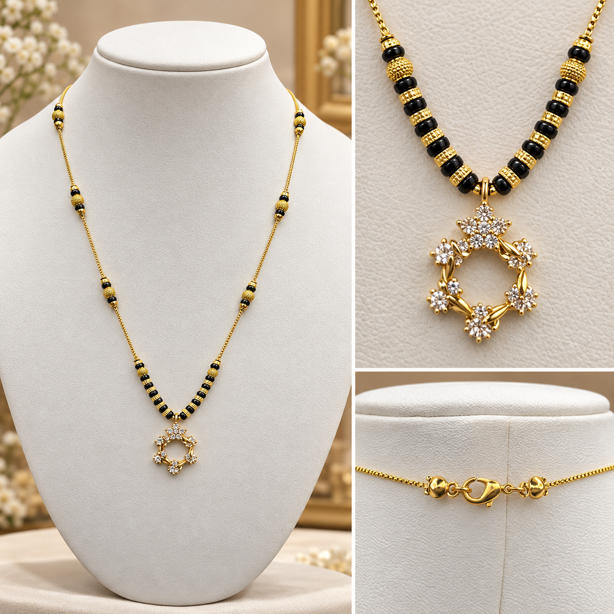 Gold-tone necklace with black bead accents and a floral ring pendant, displayed on a white jewelry bust with close-up inset views of the pendant and clasp.