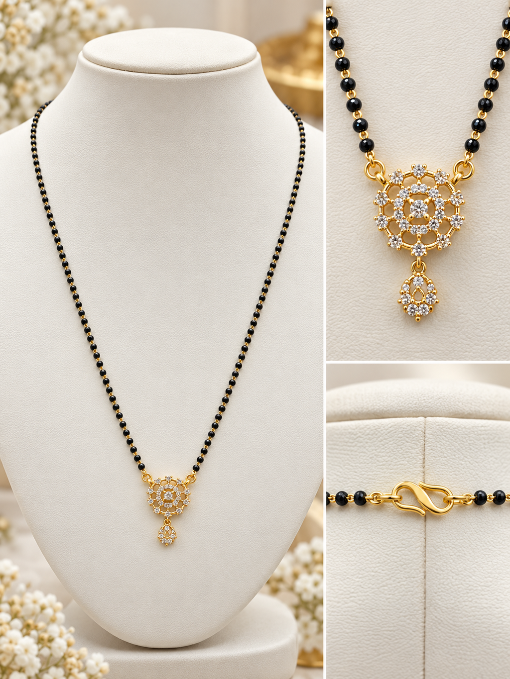 Product Title Floral Cluster Pendant Black Bead Mangalsutra