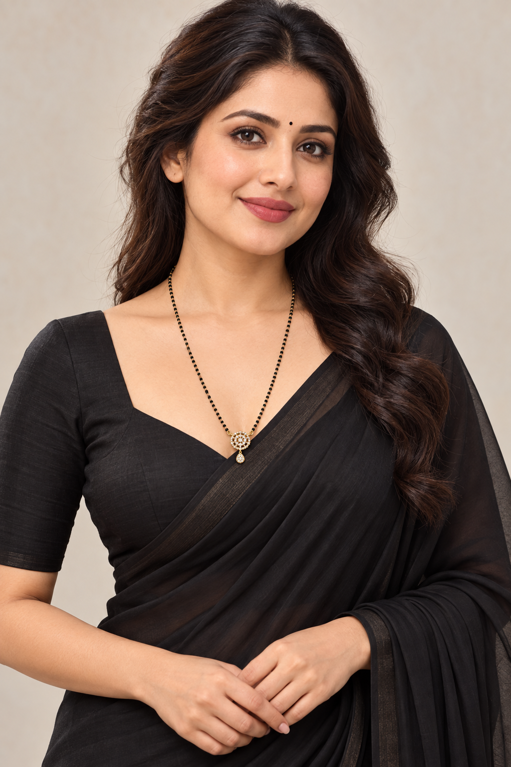 A woman wearing a black saree with a black blouse and a black beaded necklace with a gold pendant, posing against a neutral beige background.