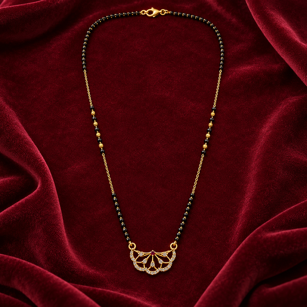 Floral Fan Pendant Black Bead Mangalsutra