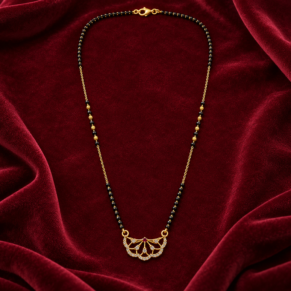 Floral Fan Pendant Black Bead Mangalsutra