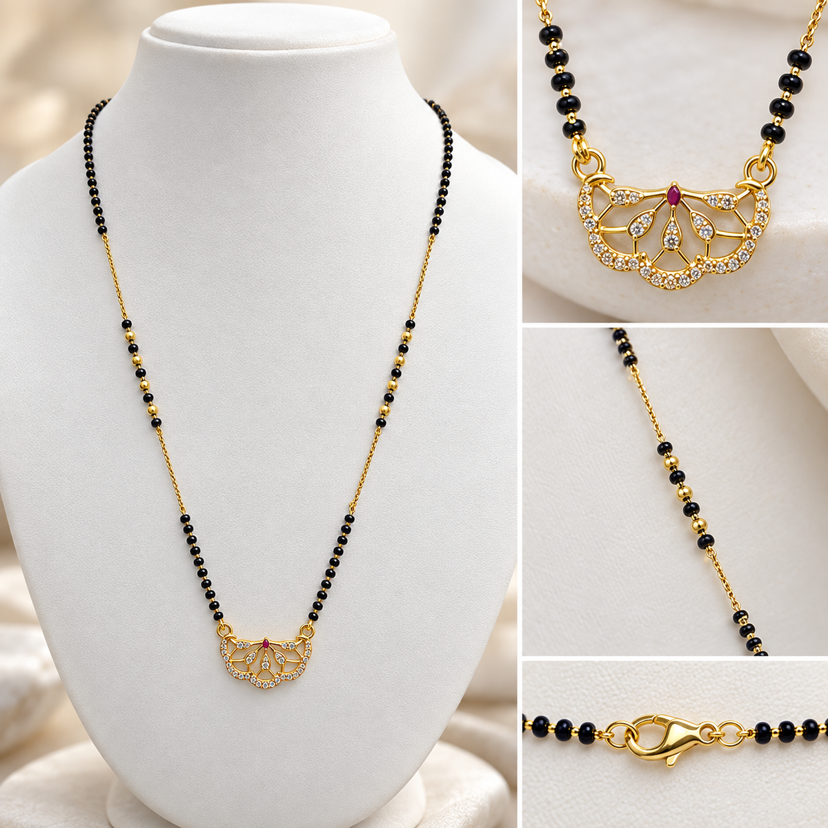 Gold and black beaded necklace with a decorative gold pendant, displayed on a white jewelry bust with close-up detail panels showing the pendant and clasp.