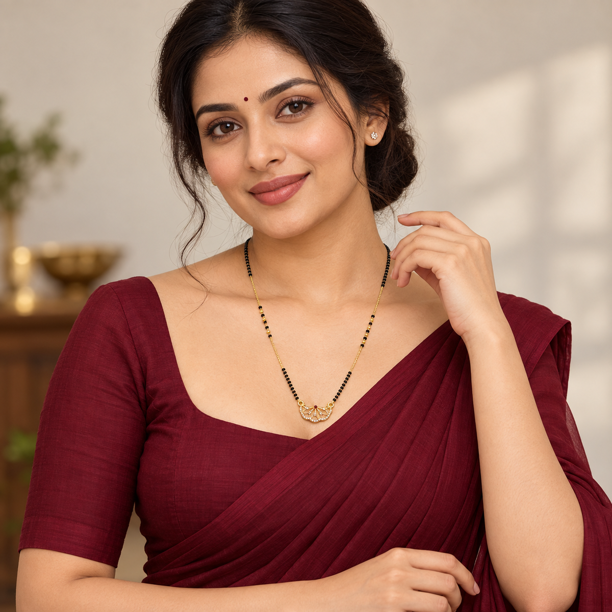 A woman wearing a deep maroon saree and a gold necklace with black beads, posing in a softly lit indoor setting.