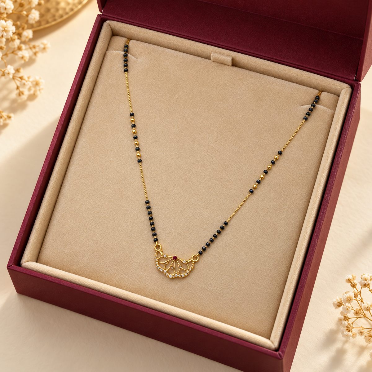 A gold-tone beaded necklace with a small fan-shaped pendant and tiny clear stones, displayed in an open burgundy jewelry box with a beige insert. The necklace has small dark bead accents along the chain.