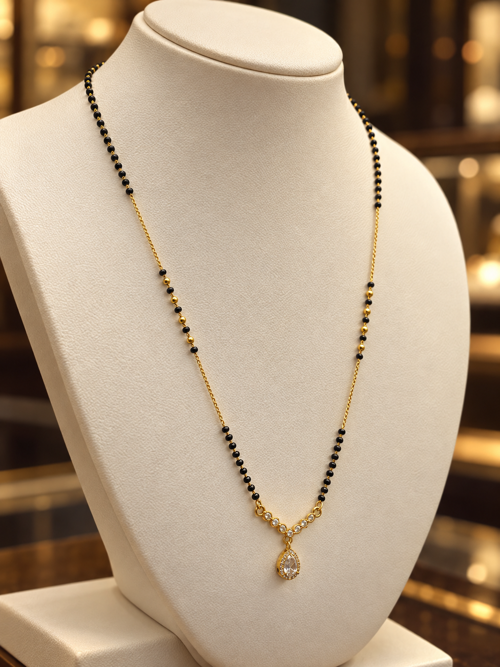 A gold and black beaded necklace with a teardrop crystal pendant, displayed on a cream jewelry bust.