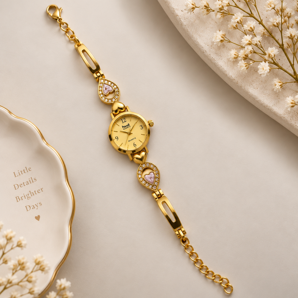 Pink crystal heart teardrop charm detail on gold bracelet watch strap