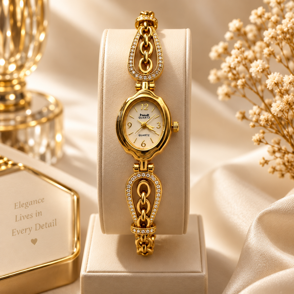 Gold Plated Oval Crystal Chain Bracelet Watch Women