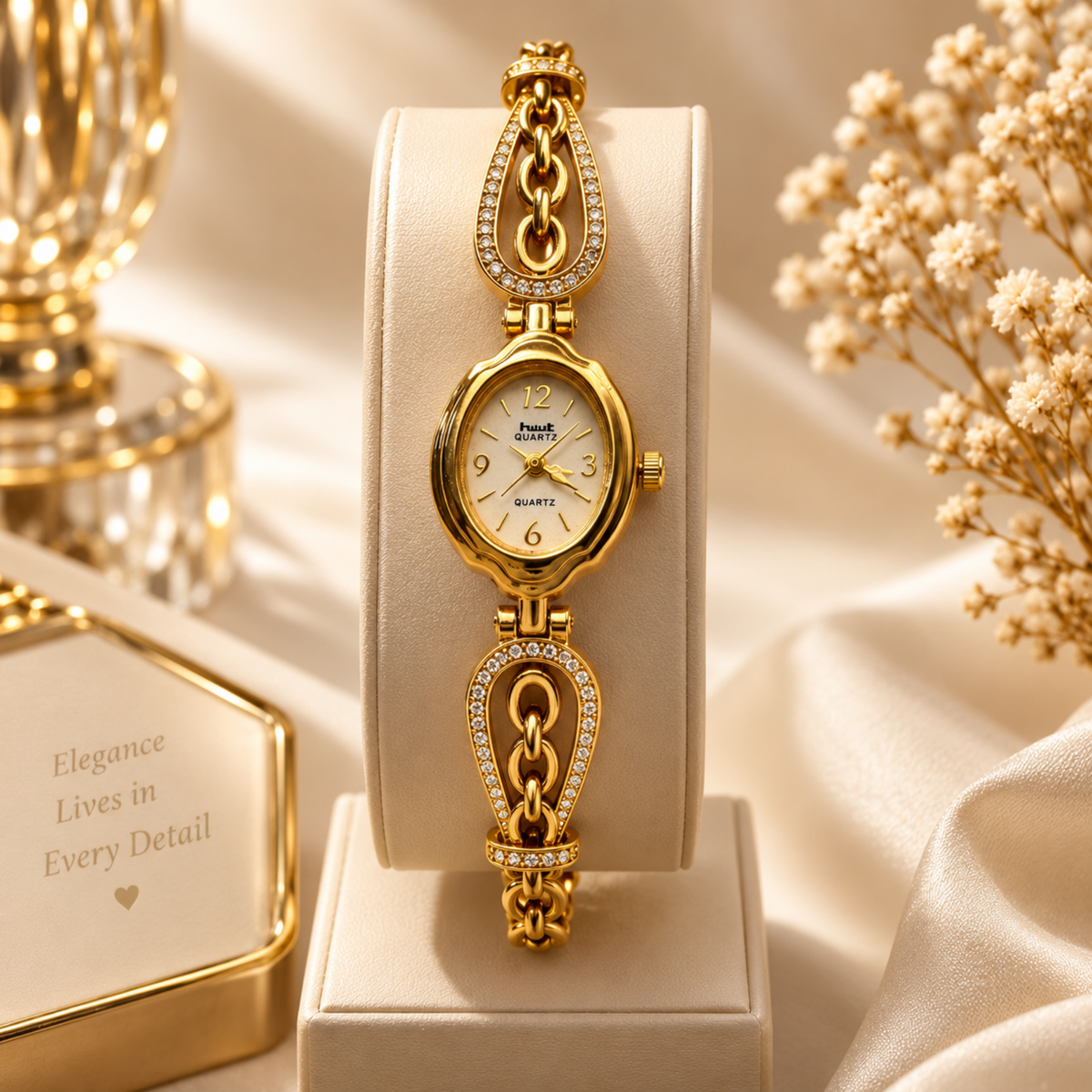 Gold Plated Oval Crystal Chain Bracelet Watch Women