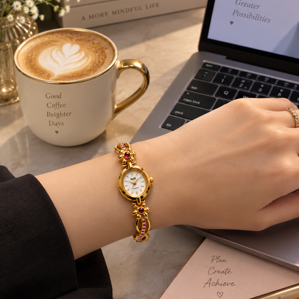 Woman wearing gold floral ruby vine bracelet watch at work
