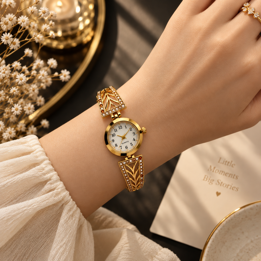 Woman wearing gold plated art deco crystal bracelet watch on wrist