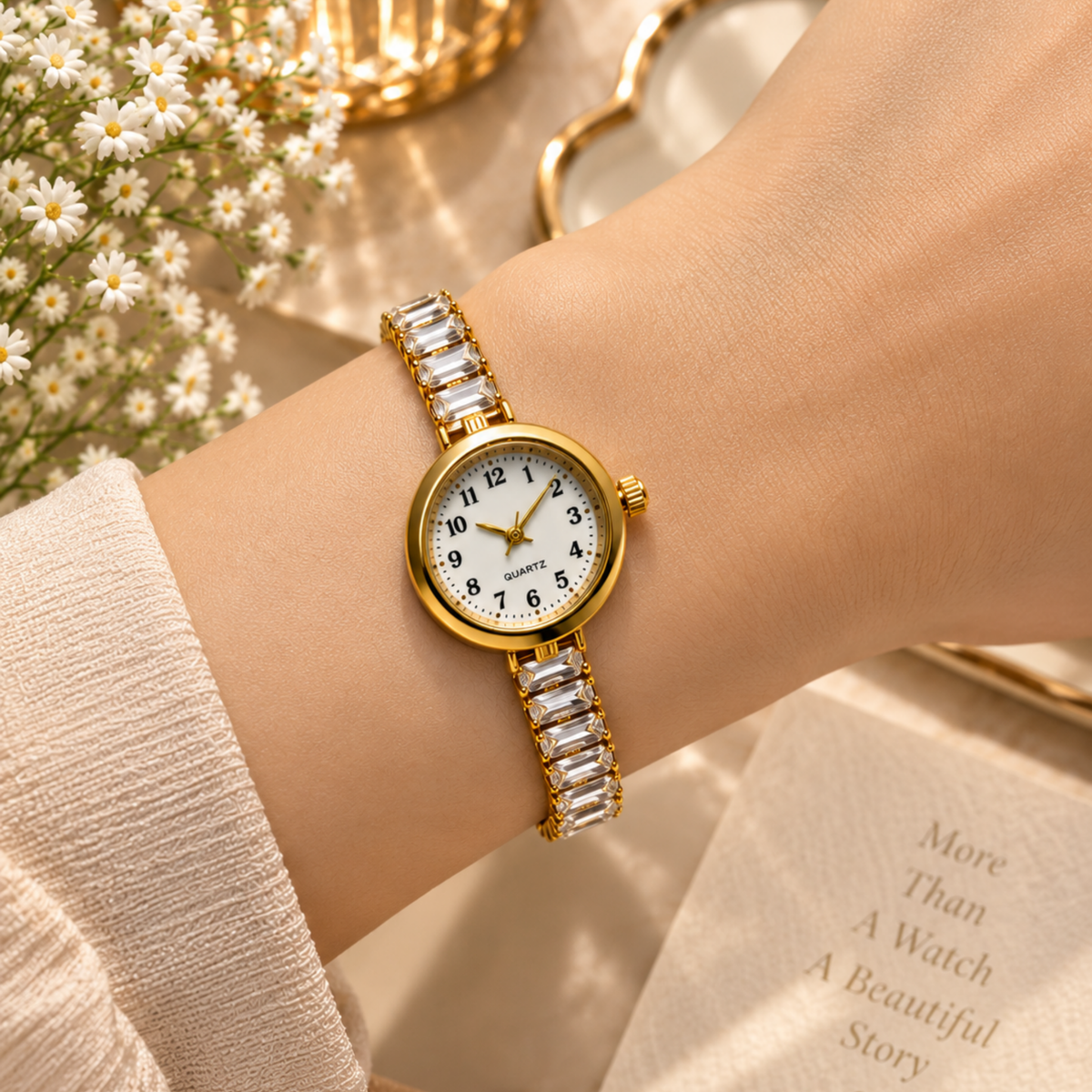 Woman wearing gold plated crystal baguette bracelet watch on wrist