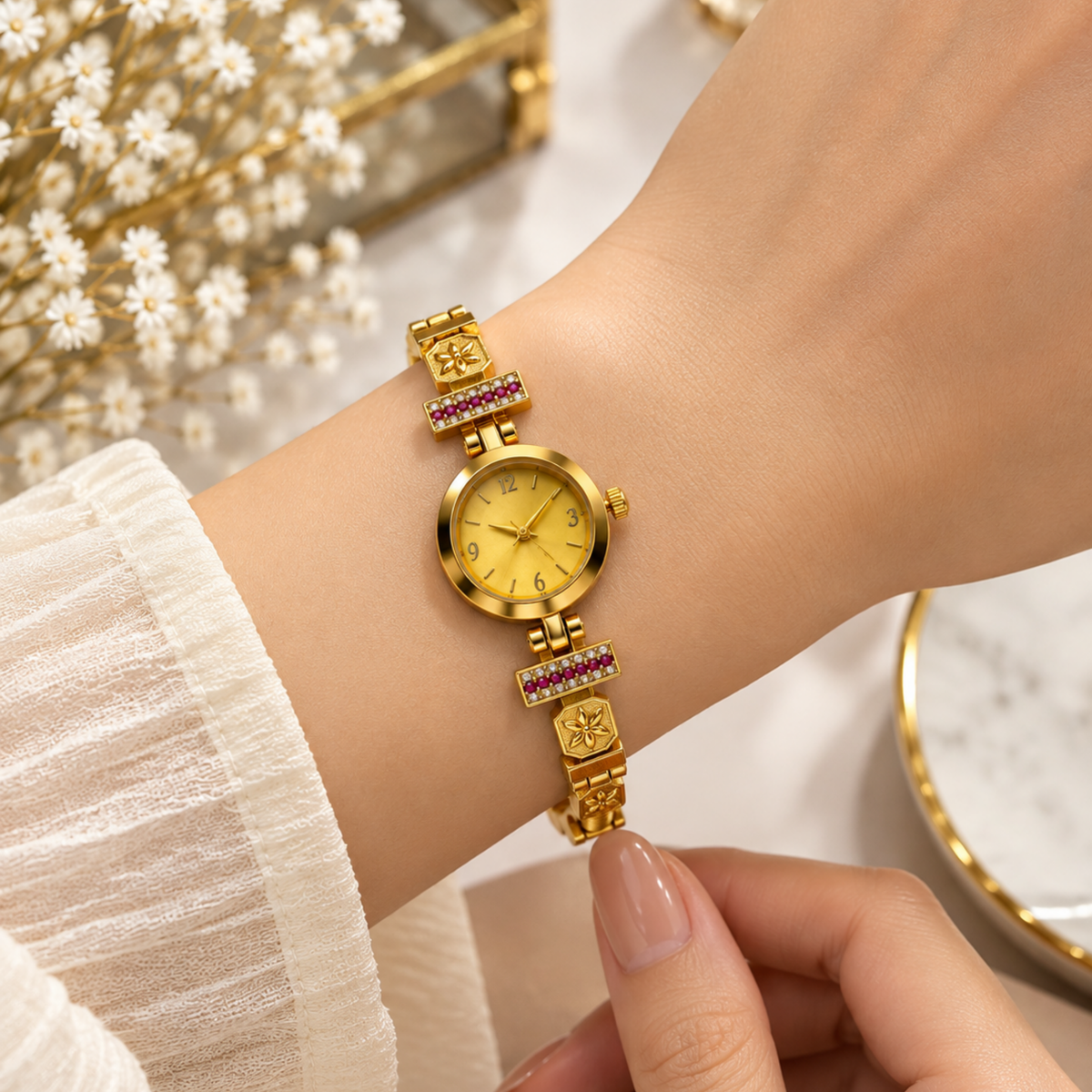 Woman wearing gold plated kundan ruby bracelet watch for ethnic occasions