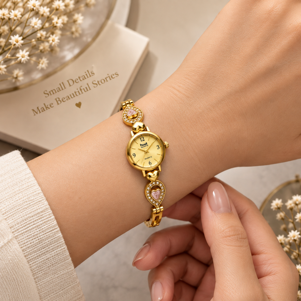 Woman wearing gold plated pink crystal heart bracelet watch