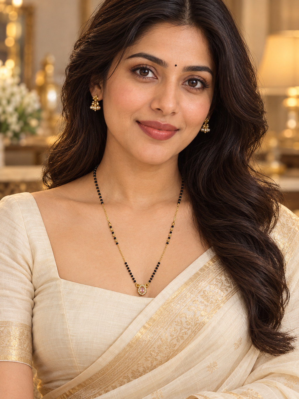 A woman with long dark wavy hair wearing a cream-colored saree with gold border detailing and a black-and-gold beaded necklace, photographed in a warmly lit indoor setting.